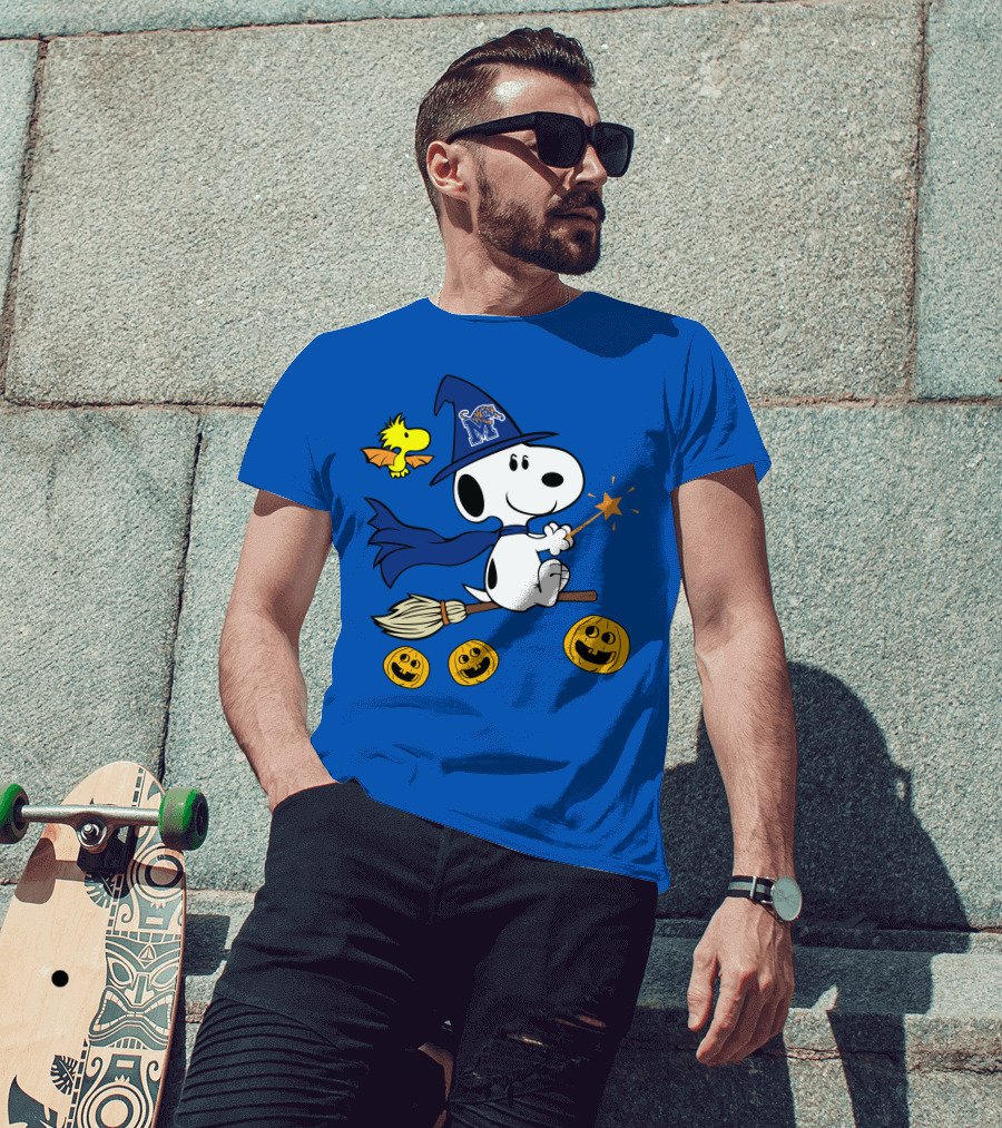 Snoopy And Woodstock Flying Witch With Memphis Tigers Hat And Happy Halloween Pumpkins T-Shirt