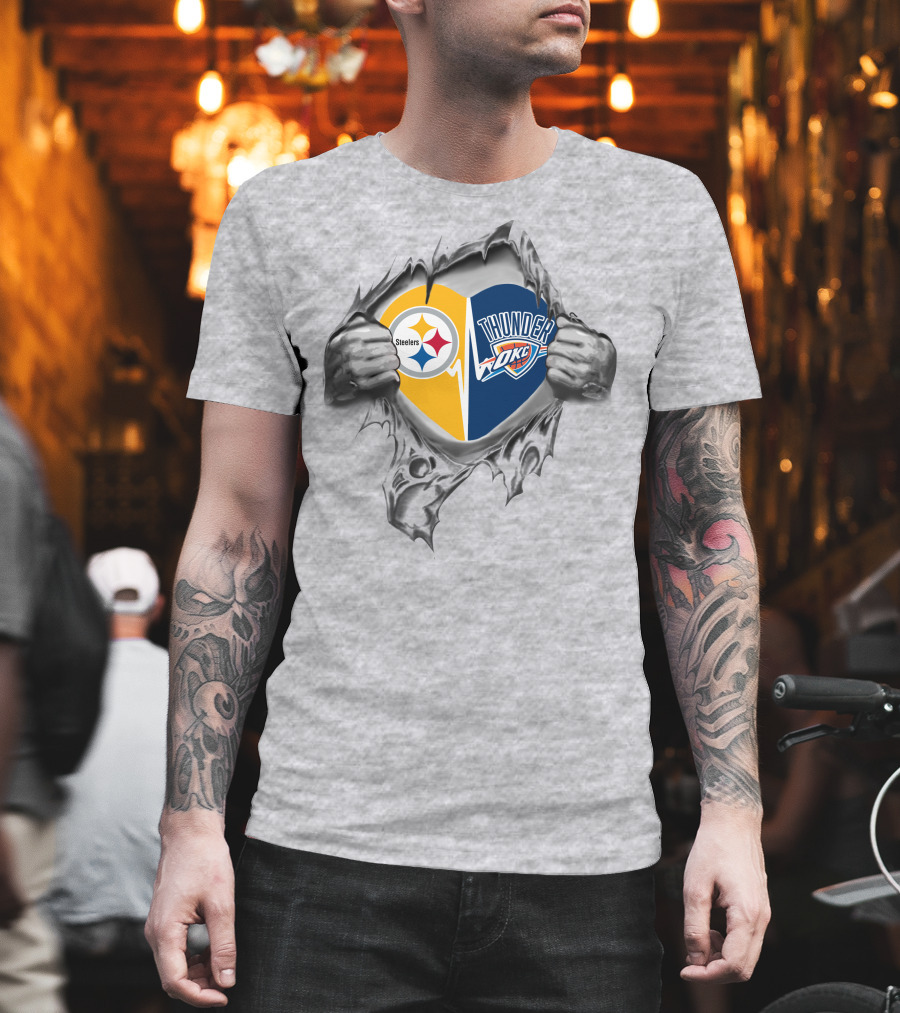 Steelers Thunder Okc Heart Symbol Pulled Apart T-Shirt