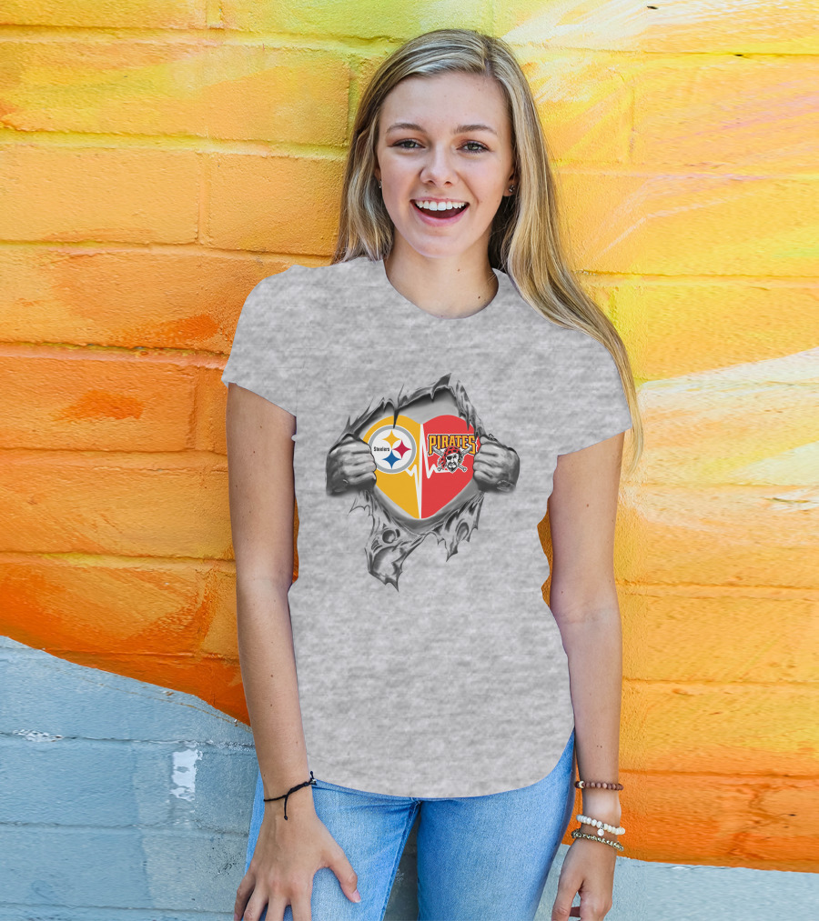 Steelers Pirates Heart Design In Torn Fabric T-Shirt