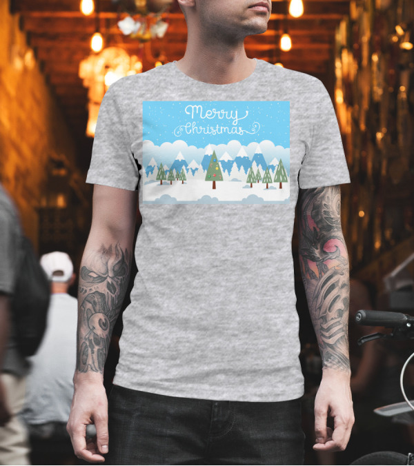 Merry Christmas Snowy Mountain Landscape with Decorated Tree T-Shirt Merry Christmas Snowy Mountain Landscape with Decorated Tree T-Shirt