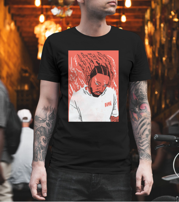 Kendrick Damn Red Sketch with Flaming Hair and White T-Shirt Kendrick Damn Red Sketch with Flaming Hair and White T-Shirt