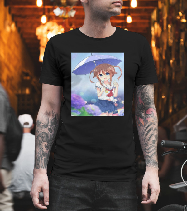 Misaki Akeno Anime Character with Umbrella in Rainy Floral Scene T-Shirt Misaki Akeno Anime Character with Umbrella in Rainy Floral Scene T-Shirt