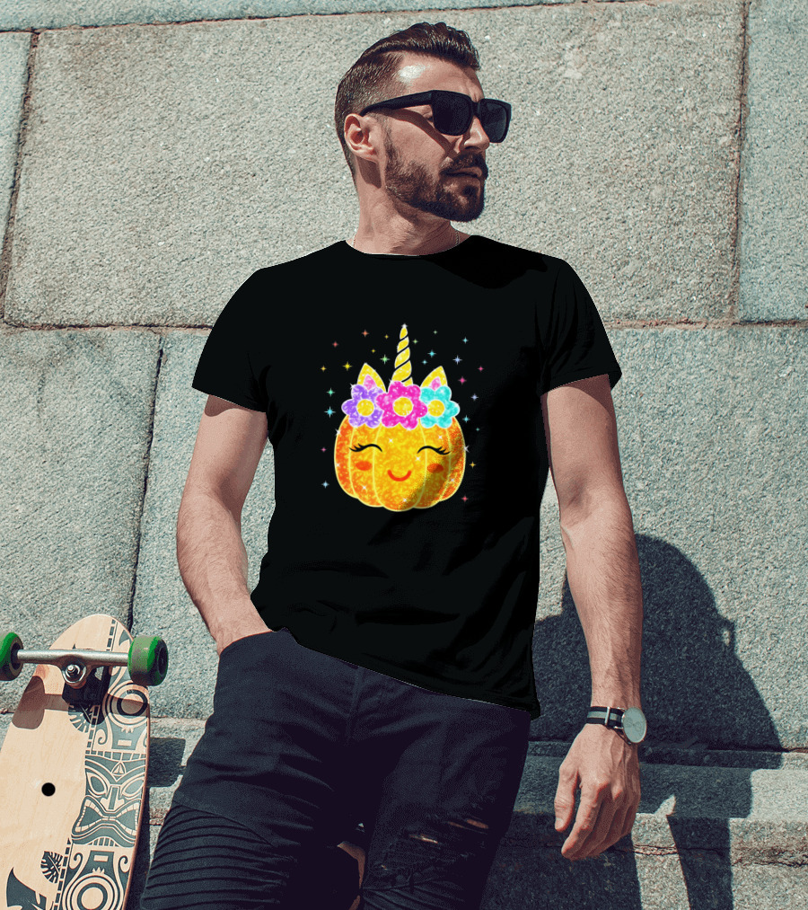 Smiling Unicorn Pumpkin With Flower Crown And Sparkles T-Shirt
