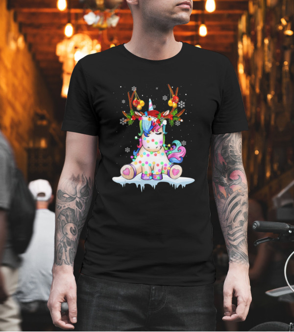 Unicorn with Christmas Lights and Reindeer Antlers Snowflakes T-Shirt Unicorn with Christmas Lights and Reindeer Antlers Snowflakes T-Shirt