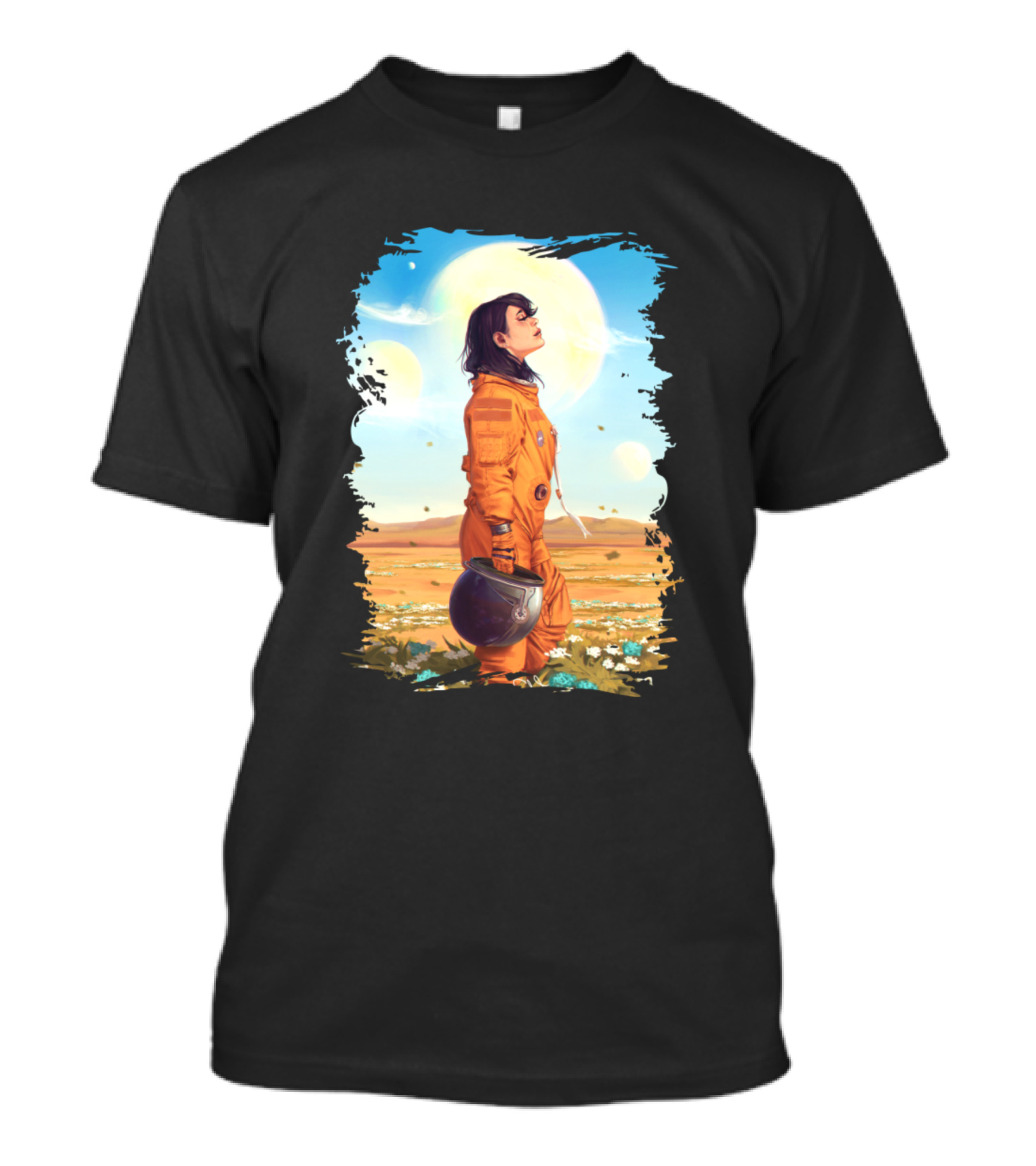 Astronaut Lady In Orange Suit Under Alien Skies T-Shirt