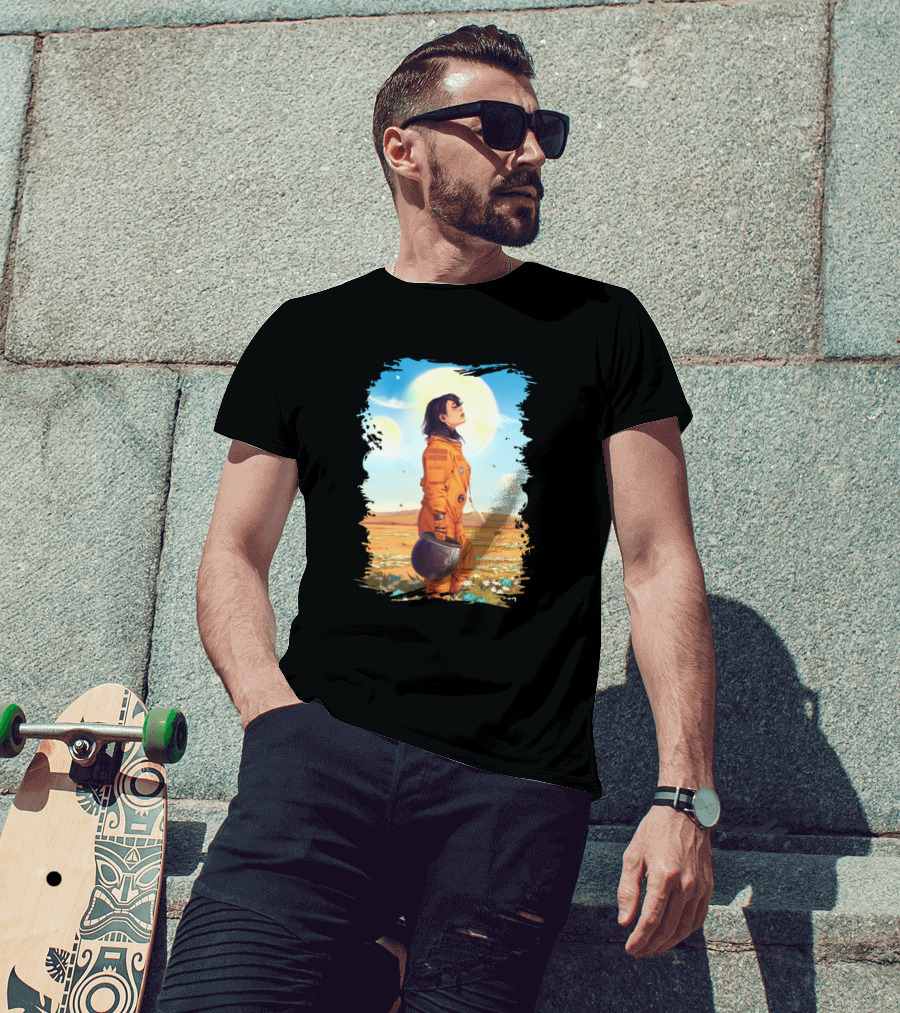 Astronaut Lady In Orange Suit Under Alien Skies T-Shirt