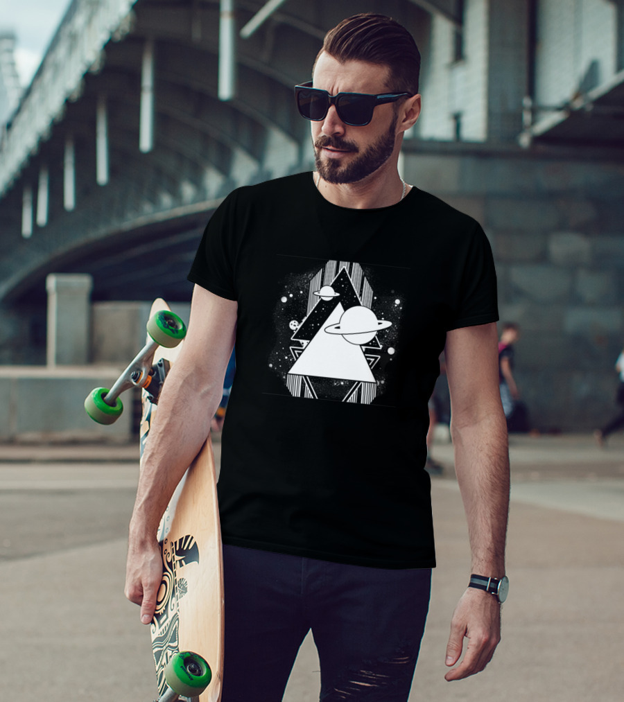 Black And White Galaxy Triangle Saturn Planet Space T-Shirt