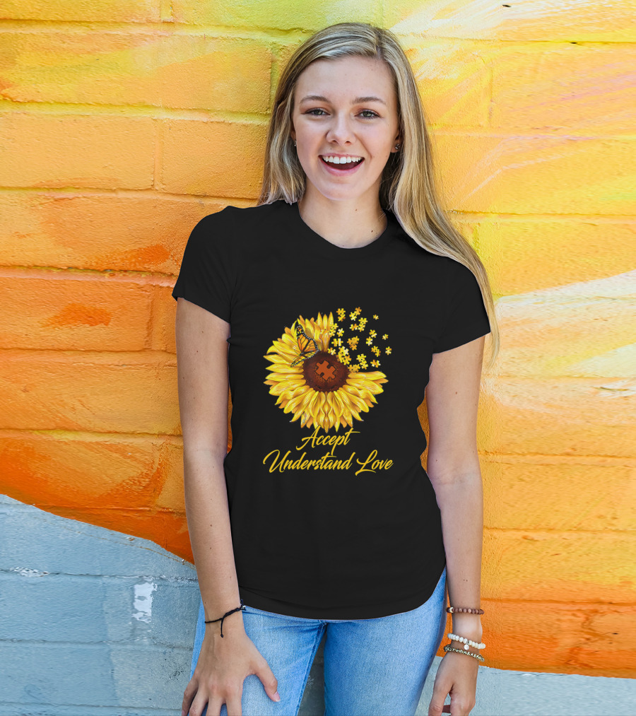 Accept Understand Love Sunflower With Puzzle And Butterfly Autism Awareness T-Shirt