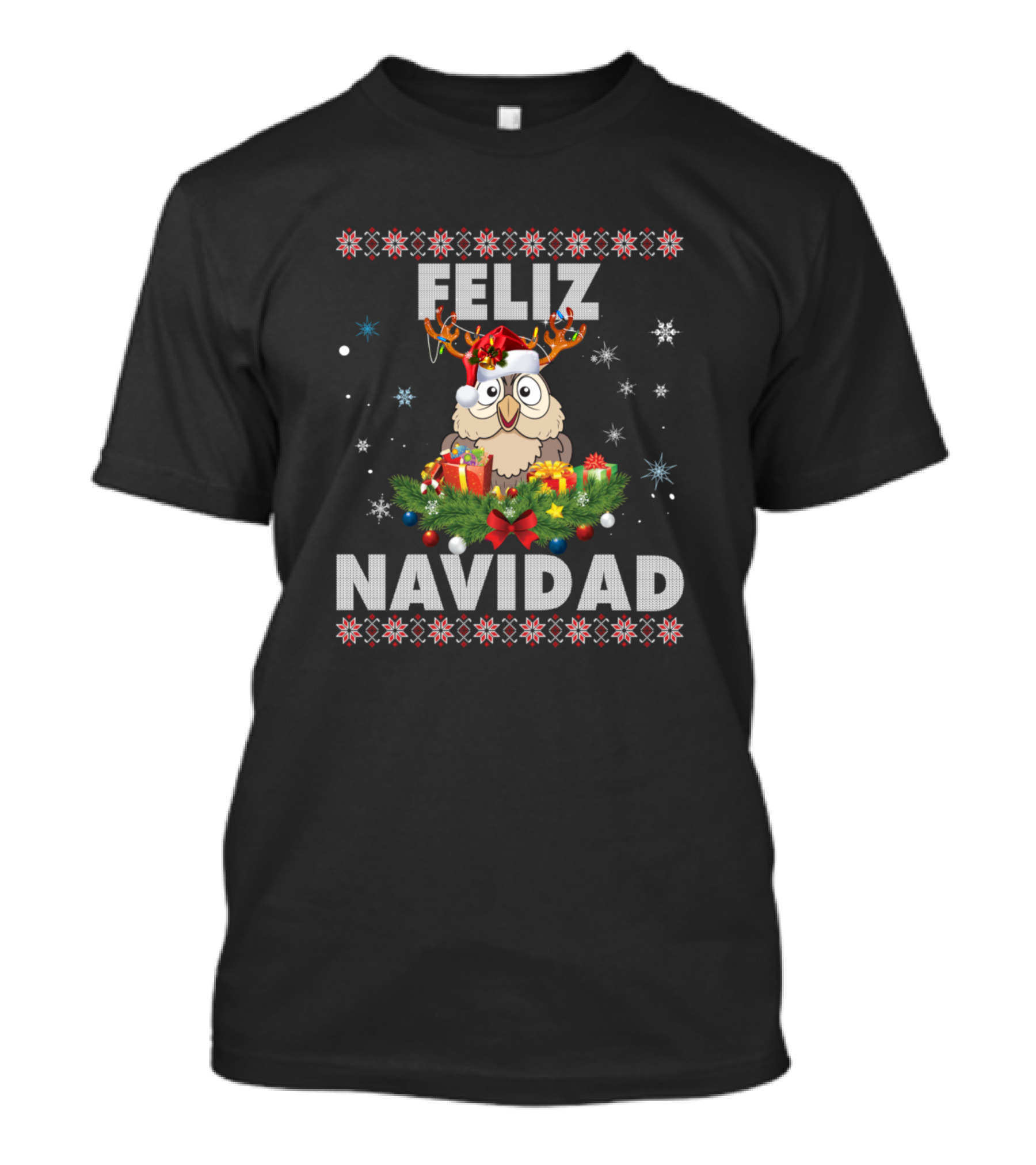 Feliz Navidad Owl Reindeer Antlers Christmas Wreath T-Shirt
