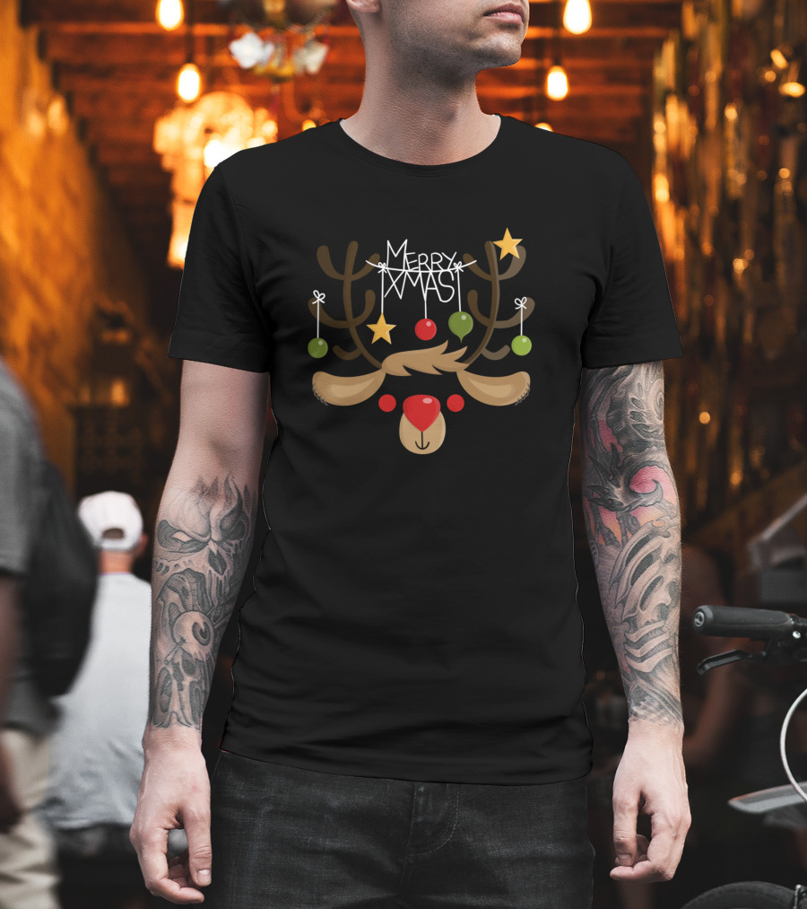 Rudolph Merry X Mas Reindeer Antlers Ornaments Stars T-Shirt