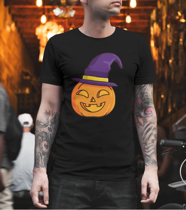 Witch Pumpkin Grinning Jack o' Lantern with Purple Hat T-Shirt Witch Pumpkin Grinning Jack o' Lantern with Purple Hat T-Shirt