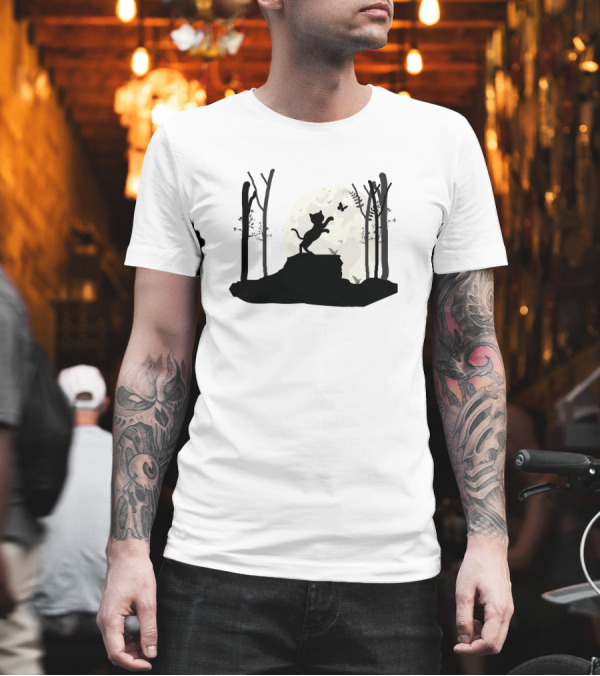 Cat Butterfly Moonlit Forest Silhouette Motif T-Shirt Cat Butterfly Moonlit Forest Silhouette Motif T-Shirt
