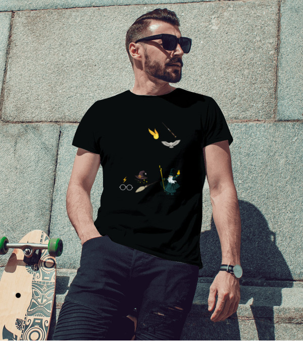Welcome To The School Of Witchcraft And Wizardry With Castle, Wand, Owl, Glasses, Lightning, Hat, Broom, Wizard, Fire, And Golden Snitch T-Shirt