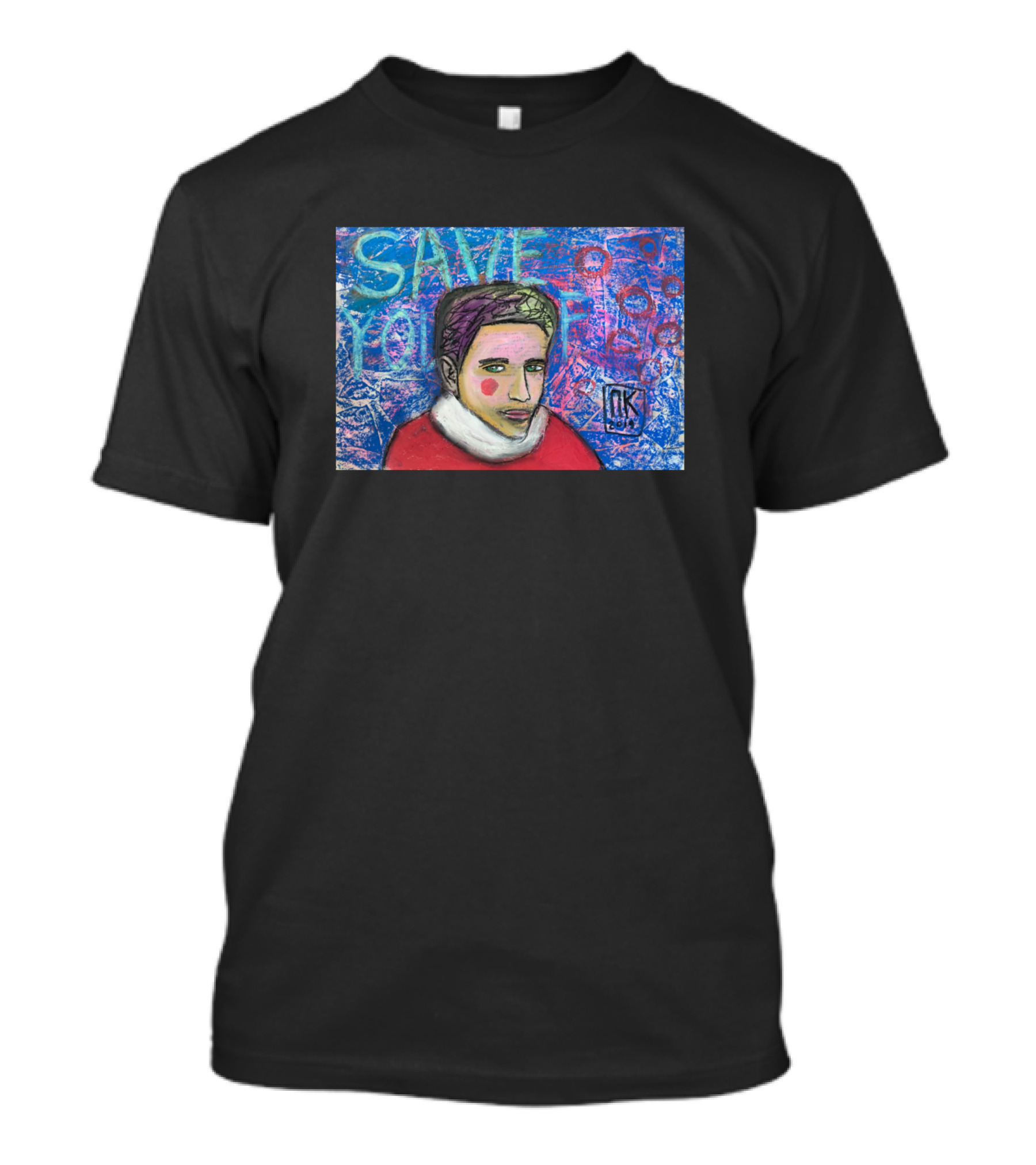 Save Yourself Portrait With Abstract Blue And Pink Background T-Shirt