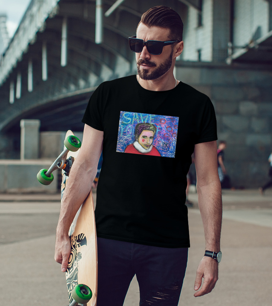 Save Yourself Portrait With Abstract Blue And Pink Background T-Shirt