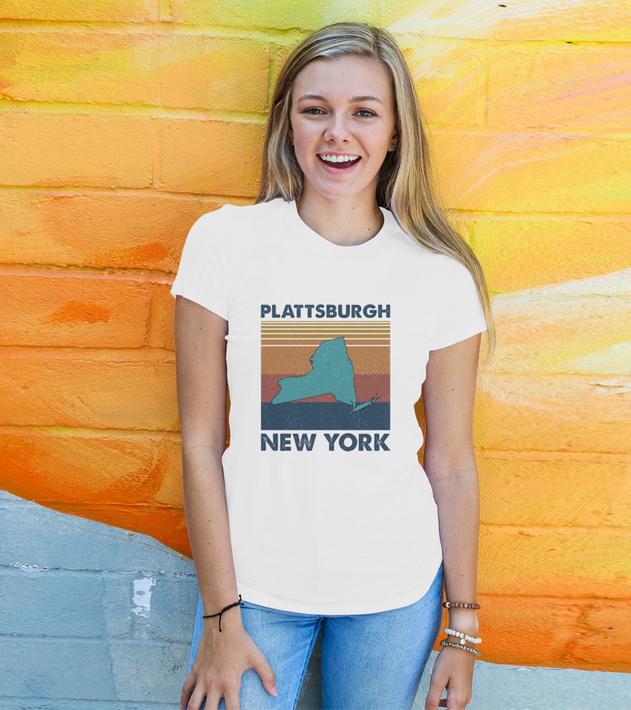 Plattsburgh New York Retro State Silhouette Vintage Stripes T-Shirt