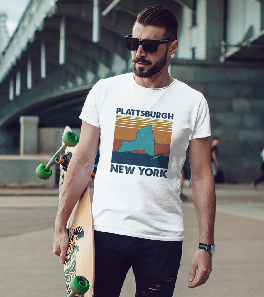 Plattsburgh New York Retro State Silhouette Vintage Stripes T-Shirt