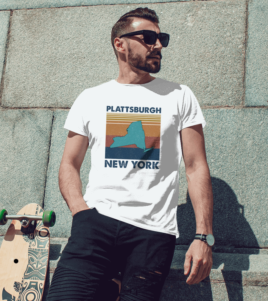 Plattsburgh New York Retro State Silhouette Vintage Stripes T-Shirt
