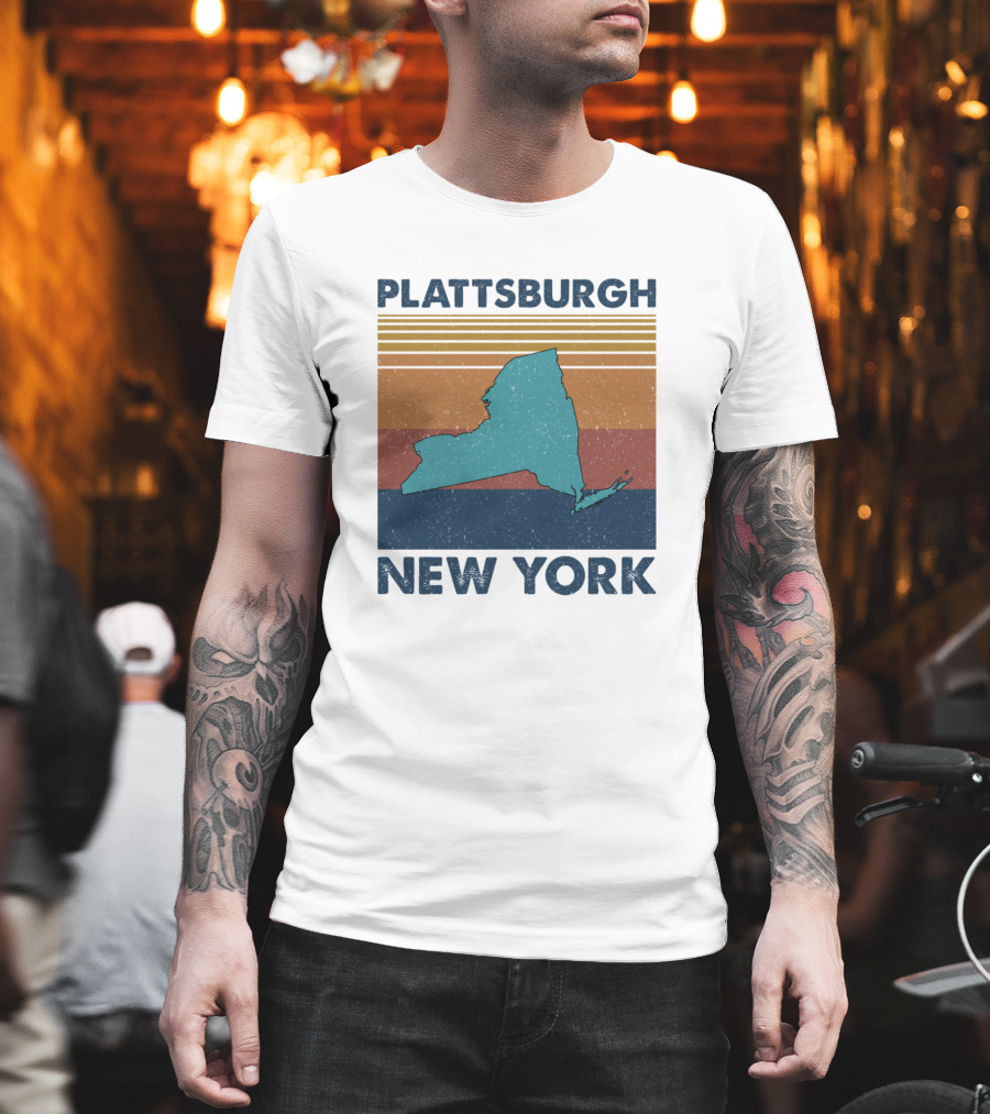 Plattsburgh New York Retro State Silhouette Vintage Stripes T-Shirt
