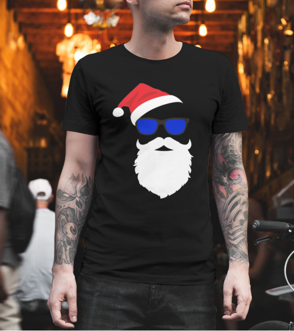 Hipster Santa Claus with Red Hat and Blue Sunglasses Beard T-Shirt Hipster Santa Claus with Red Hat and Blue Sunglasses Beard T-Shirt