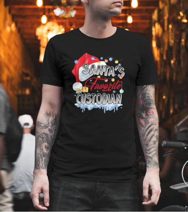 Santa's Favorite Custodian Funny Christmas Xmas Cel Santa Hat Lights Gifts Snowflakes T-Shirt Santa's Favorite Custodian Funny Christmas Xmas Cel Santa Hat Lights Gifts Snowflakes T-Shirt