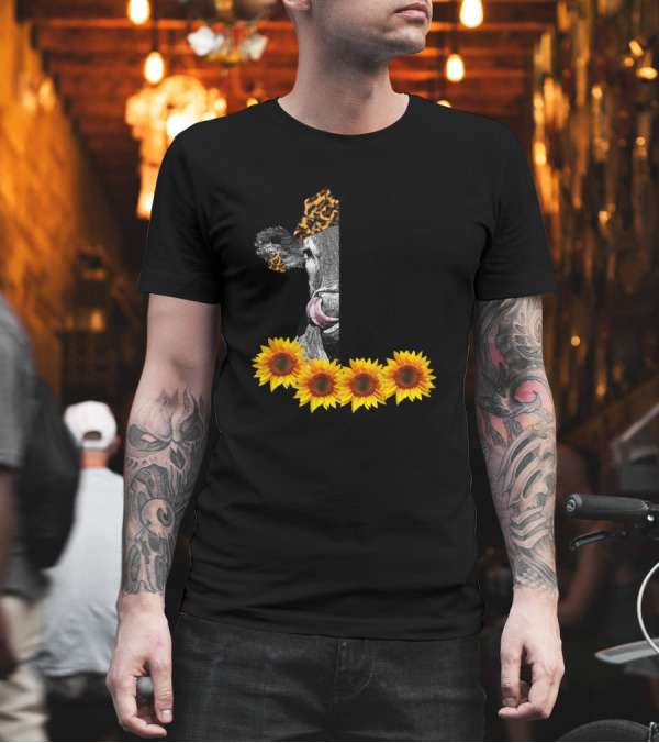 If My Mouth Doesn't Say It My Face Definitely Will Cow Sunflowers Leopard Print T-Shirt If My Mouth Doesn't Say It My Face Definitely Will Cow Sunflowers Leopard Print T-Shirt