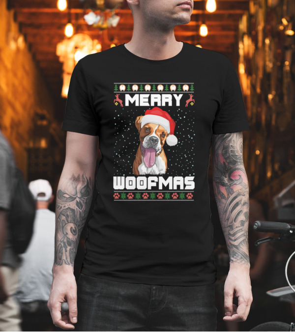 Merry Woofmas Boxer Dog Santa Hat Holiday Paw Prints T-Shirt Merry Woofmas Boxer Dog Santa Hat Holiday Paw Prints T-Shirt