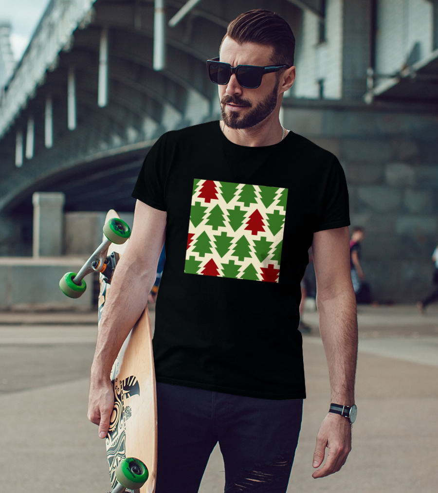 Christmas Tree Pattern Green Red Block T-Shirt