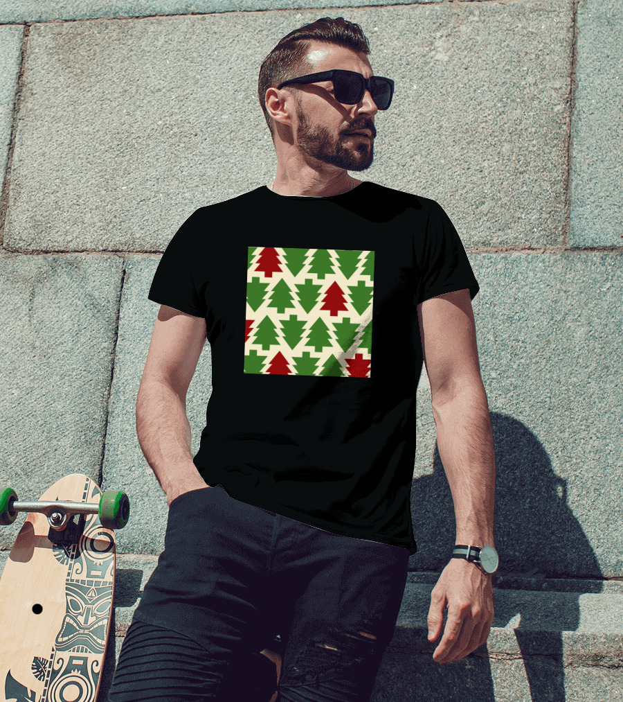 Christmas Tree Pattern Green Red Block T-Shirt