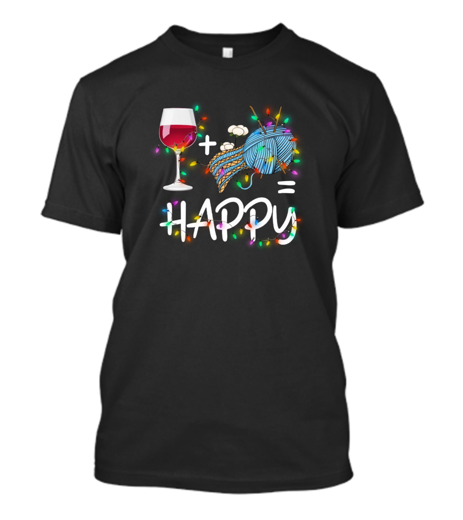 Wine Plus Knitting Equals Happy Christmas Lights T-Shirt