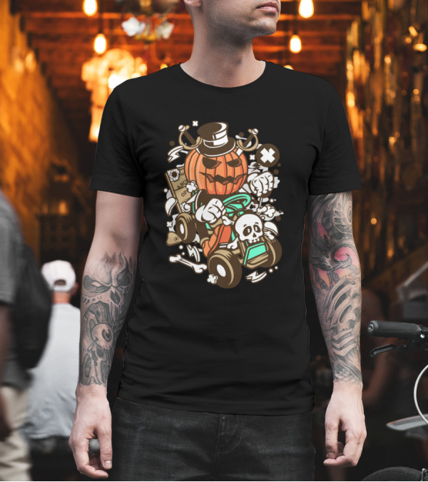Halloween Ride with Pumpkin Head Racing Skulls and Cartoon Elements T-Shirt Halloween Ride with Pumpkin Head Racing Skulls and Cartoon Elements T-Shirt