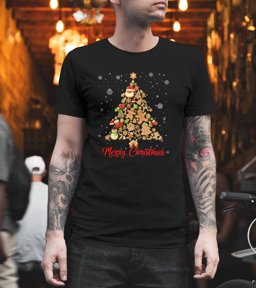 Merry Christmas Gingerbread Cookie Tree Snowflakes Santa T-Shirt