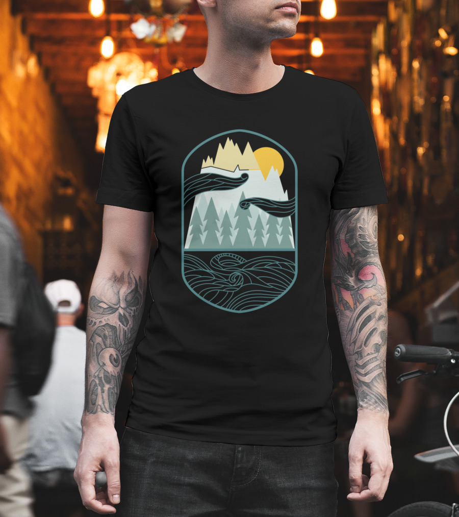 Misty Mountain Forest And River Scene With Sun T-Shirt