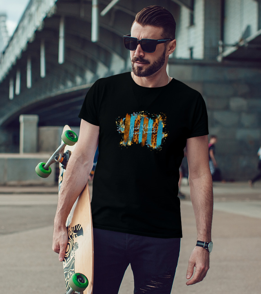 God Made Jesus Saved Turquoise Cheetah Print Stripes T-Shirt