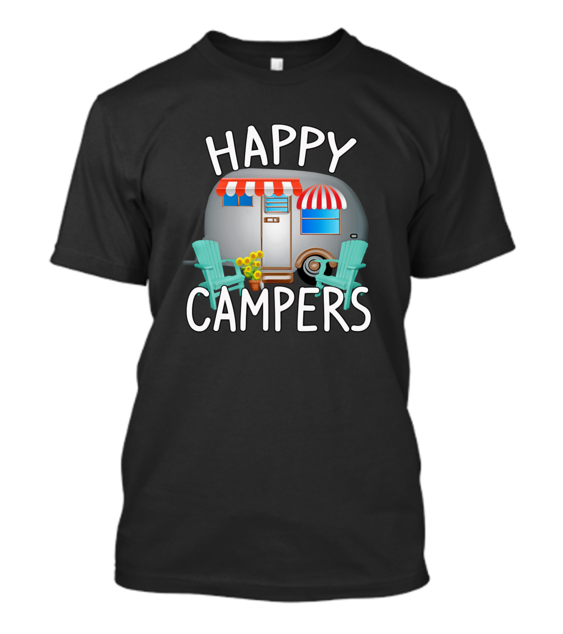 Happy Campers Travel Trailer Adirondack Chairs Campfire Scene T-Shirt