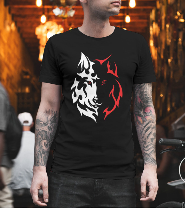 Wolf Face White and Red Duality T-Shirt Wolf Face White and Red Duality T-Shirt