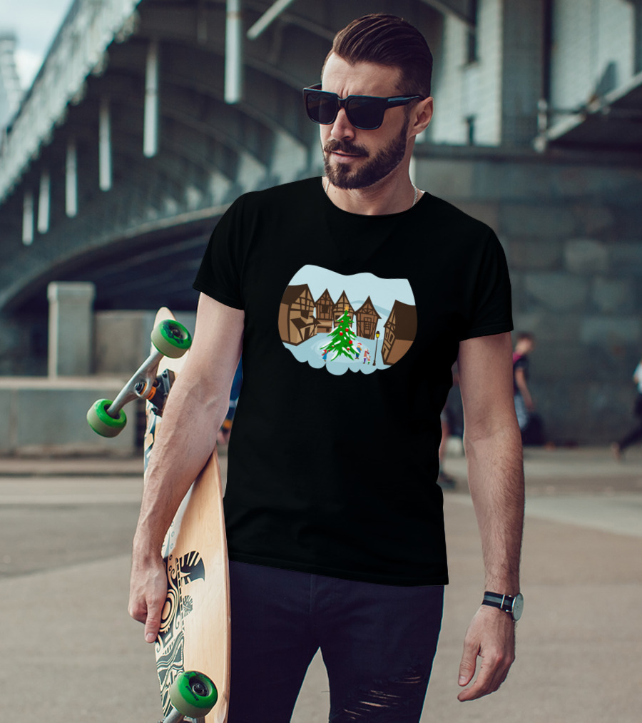 Christmas Village Snowy Scene With Decorated Tree And Houses T-Shirt