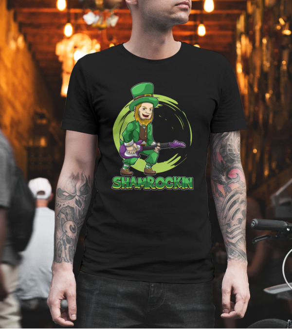 St Patricks Day Shamrockin Leprechaun With E Guitar T-Shirt St Patricks Day Shamrockin Leprechaun With E Guitar T-Shirt