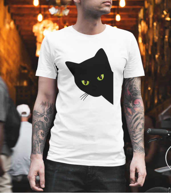 Annoyed Black Cat Peering with Green Eyes Behind Corner T-Shirt Annoyed Black Cat Peering with Green Eyes Behind Corner T-Shirt