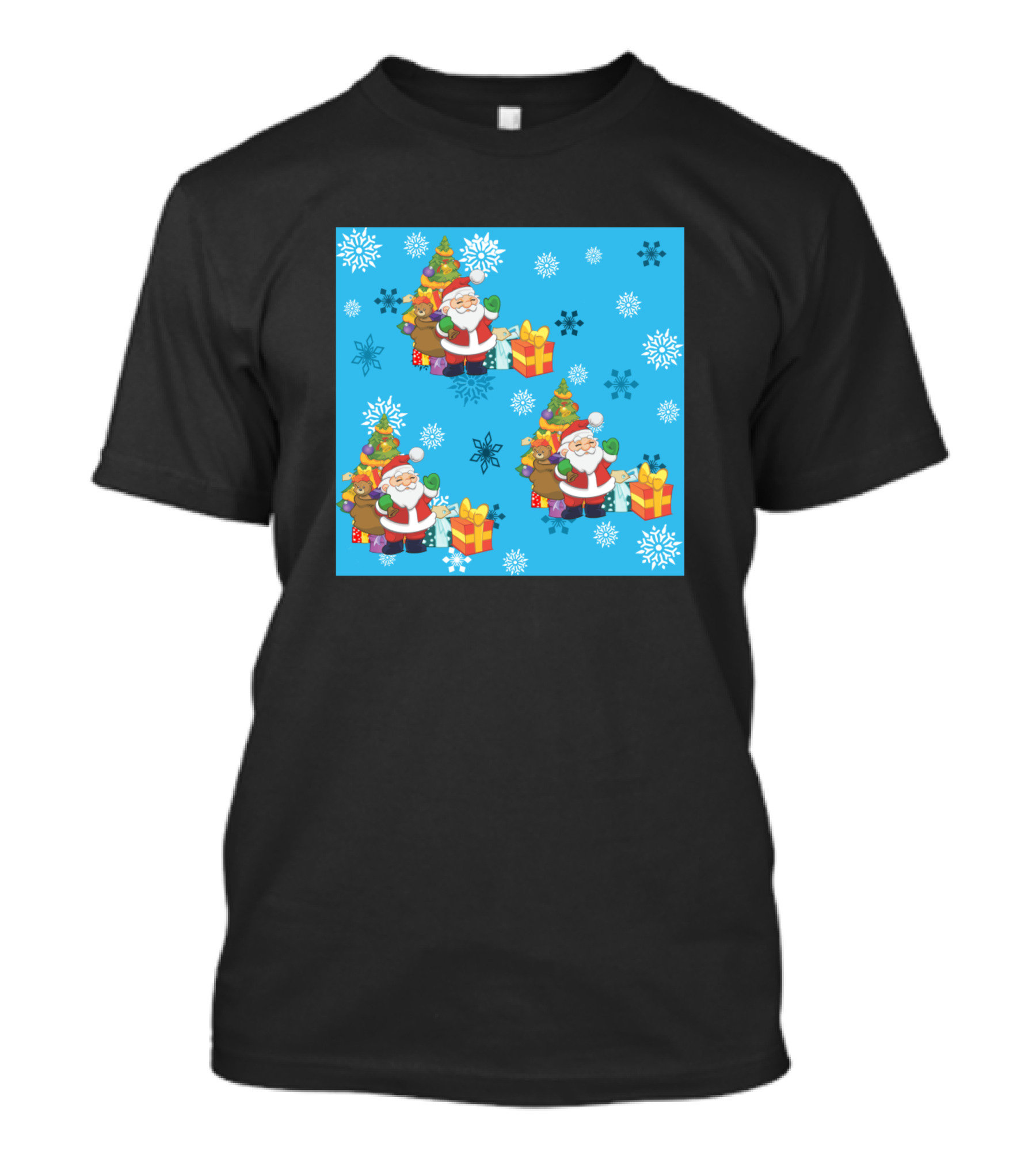 Santa Holding Gifts With Christmas Trees And Snowflakes T-Shirt