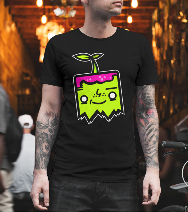 Sprout Mascot Neon Cube Character with Leaf and Pink Top T-Shirt Sprout Mascot Neon Cube Character with Leaf and Pink Top T-Shirt