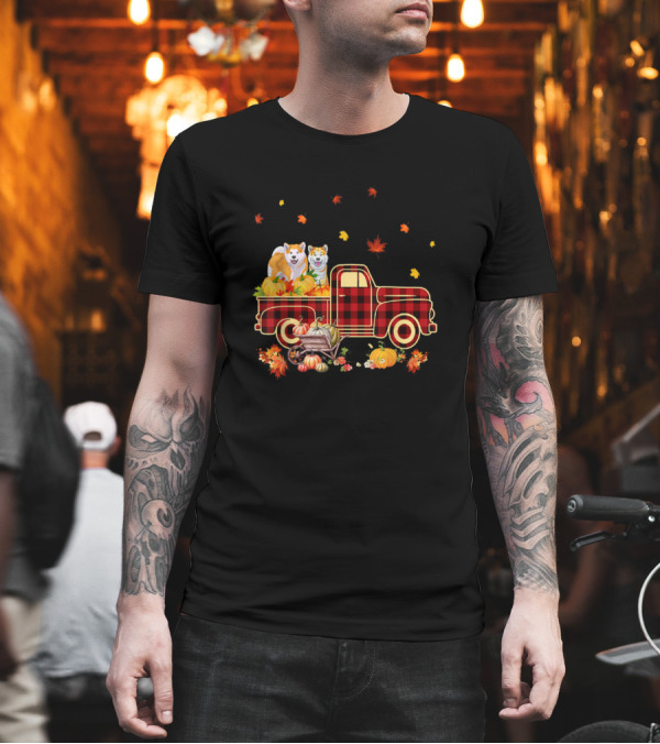 Akita Dogs with Pumpkins in Plaid Truck Surrounded by Fall Leaves T-Shirt Akita Dogs with Pumpkins in Plaid Truck Surrounded by Fall Leaves T-Shirt