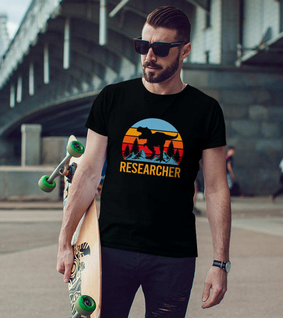 Researcher Dinosaur Silhouette With Mountain And Forest Sunset T-Shirt