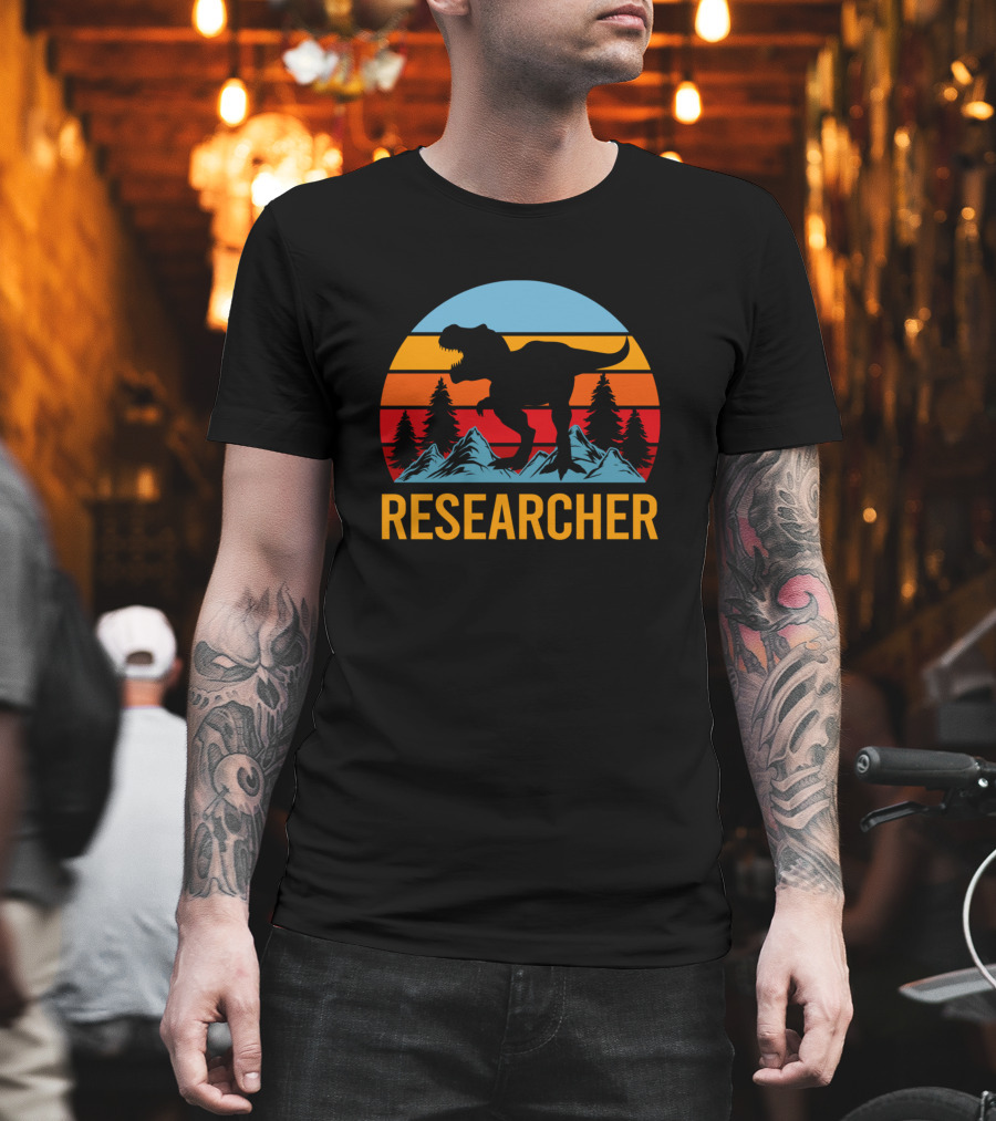 Researcher Dinosaur Silhouette With Mountain And Forest Sunset T-Shirt