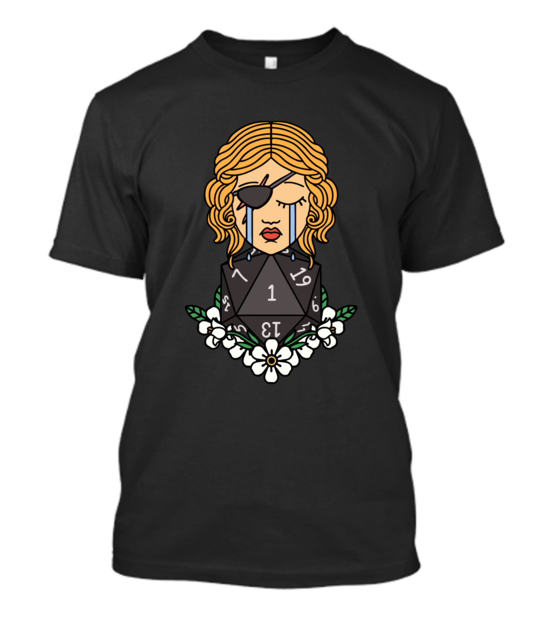 Crying Rogue Eyepatch Tears Floral D20 Dice T-Shirt