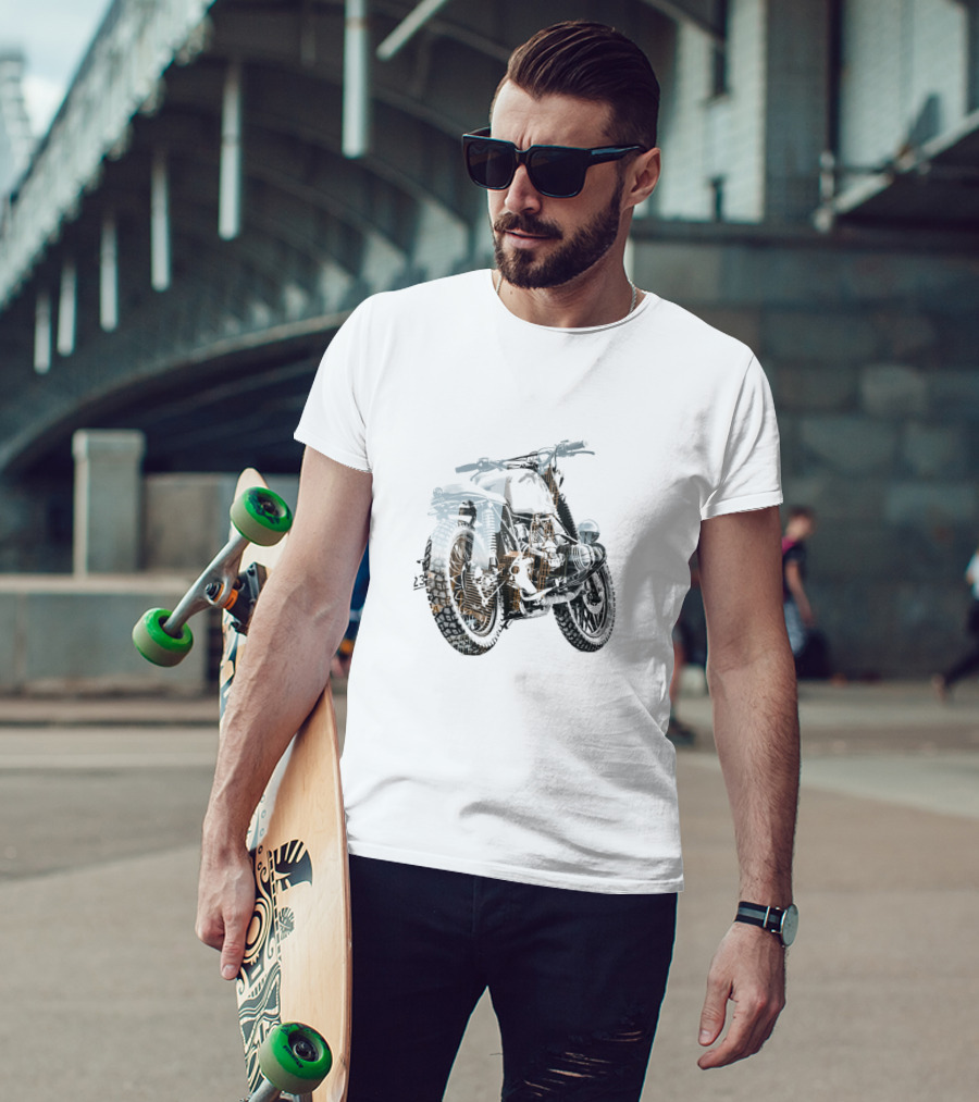 Double Exposure Motorcycle With Urban Cityscape Background T-Shirt