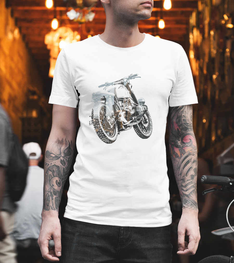 Double Exposure Motorcycle With Urban Cityscape Background T-Shirt