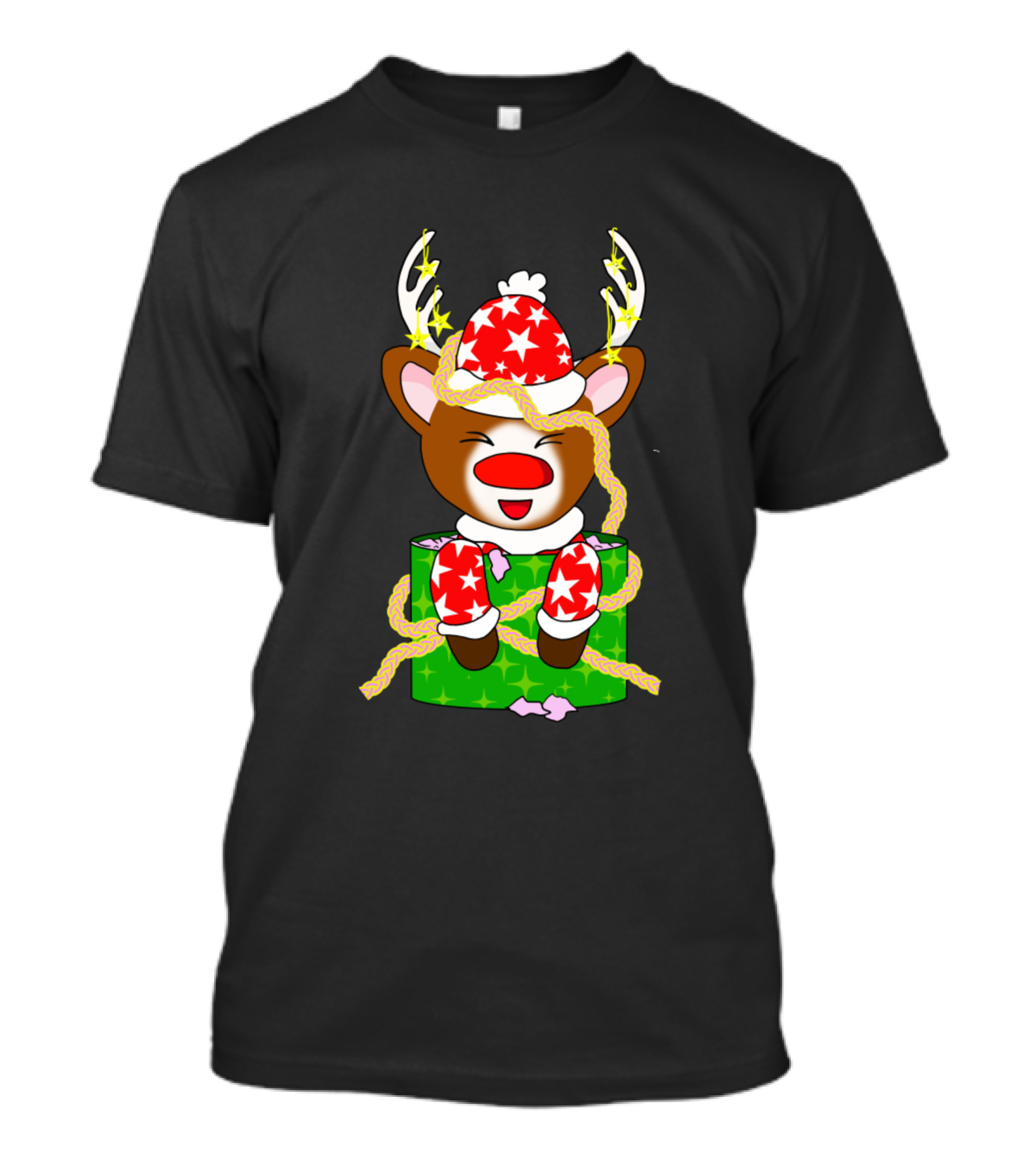 Kawaii Santa Reindeer In Festive Gift Box With Tinsel And Stars T-Shirt