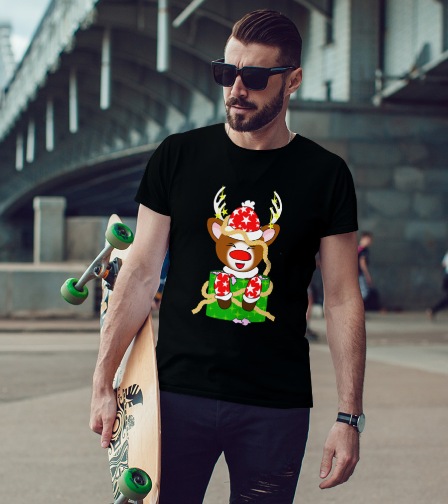 Kawaii Santa Reindeer In Festive Gift Box With Tinsel And Stars T-Shirt
