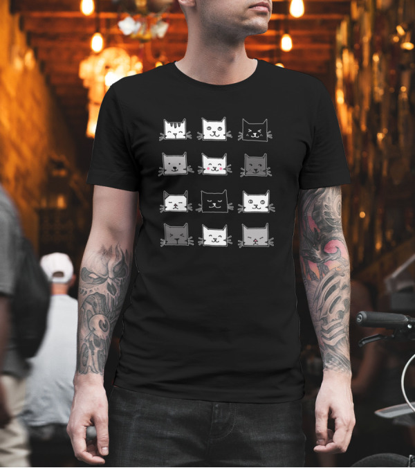Square Cats Cute Faces in Black and White Grid T-Shirt Square Cats Cute Faces in Black and White Grid T-Shirt